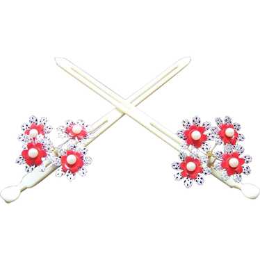 Vintage Pair Japanese Kanzashi-bira Bira Faux Ivory Hair Ornaments Pins  With Dangles 