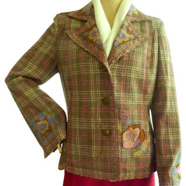 Plaid Wool Blazer Jacket with Embroidered Flowers