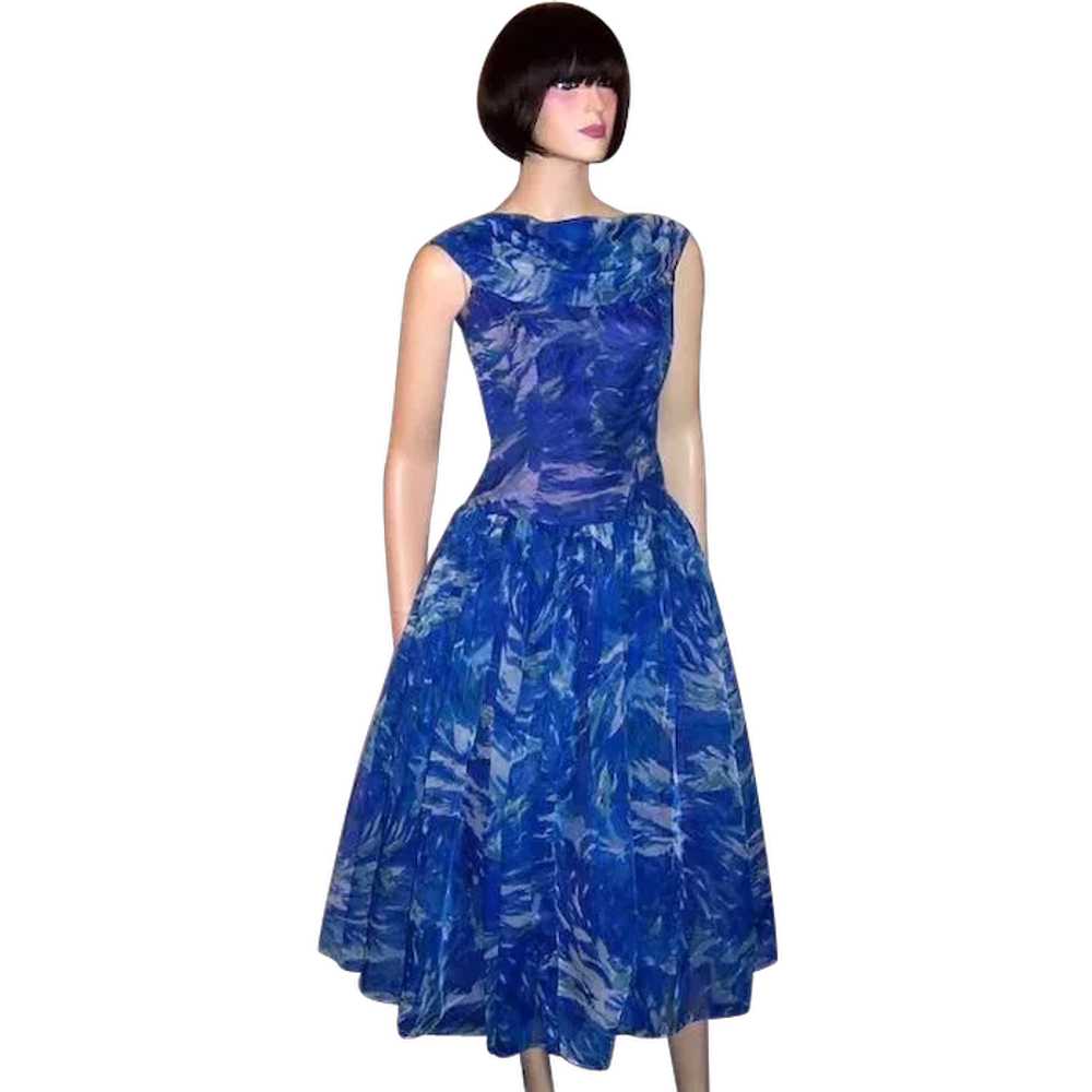 1950's Cobalt Blue and Turquoise Floral Printed C… - image 1