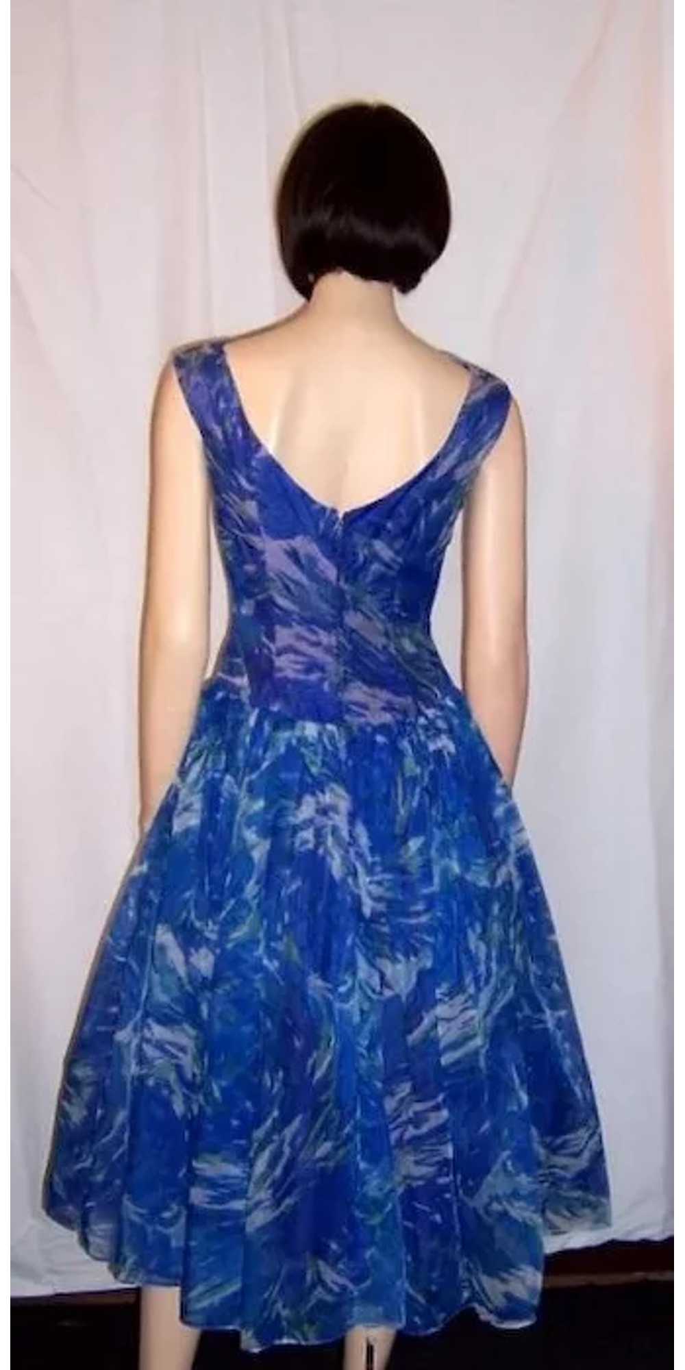 1950's Cobalt Blue and Turquoise Floral Printed C… - image 3