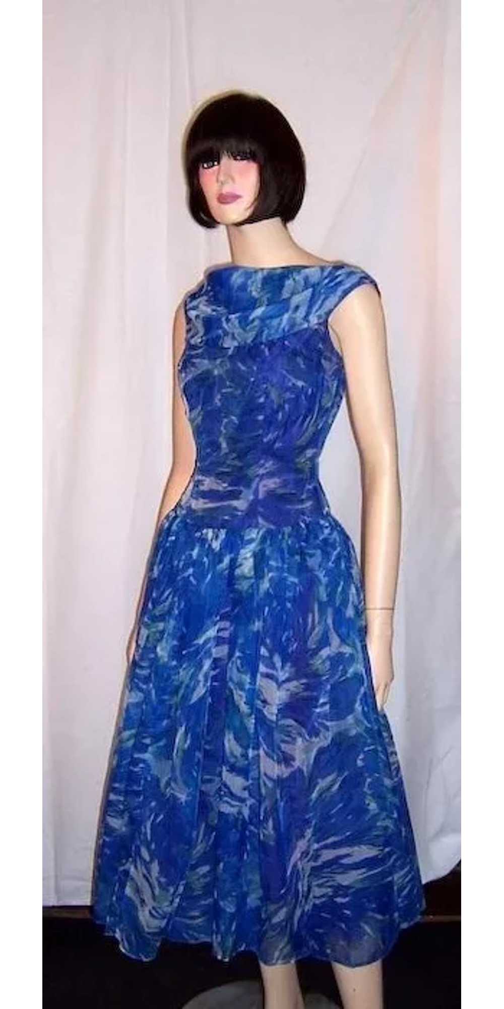 1950's Cobalt Blue and Turquoise Floral Printed C… - image 5