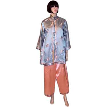 Chinese-Salmon Pink and Blue Three-Piece Silk Loun