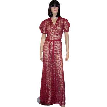 1930's Russet Red Floor Length Lace Gown with Bac… - image 1