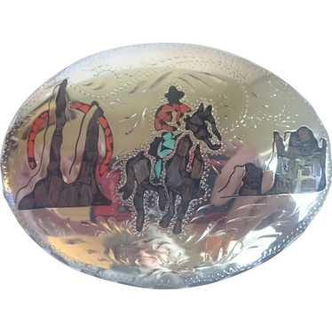 RODEO HORSE VINTAGE BLACK CELTIC AGATE COWBOY SILVER PLATING