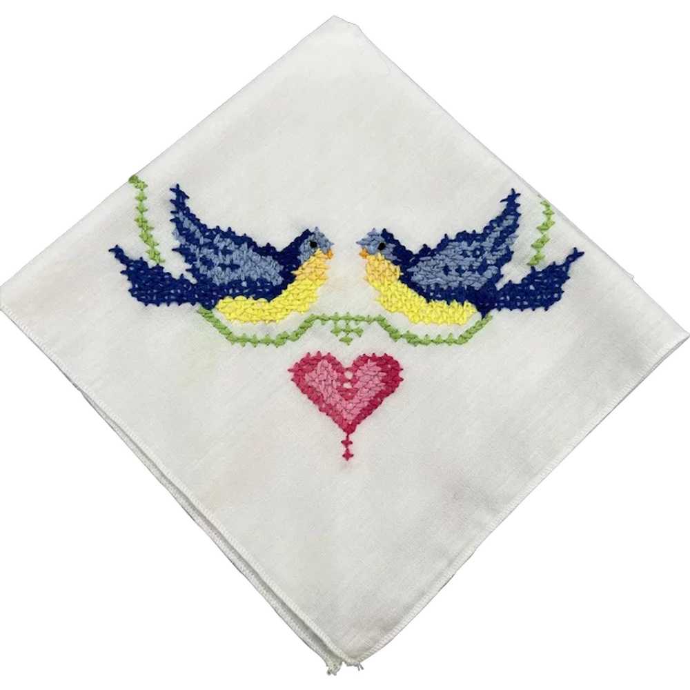 Vintage Hand Embroidered Love Birds And Heart Cot… - image 1