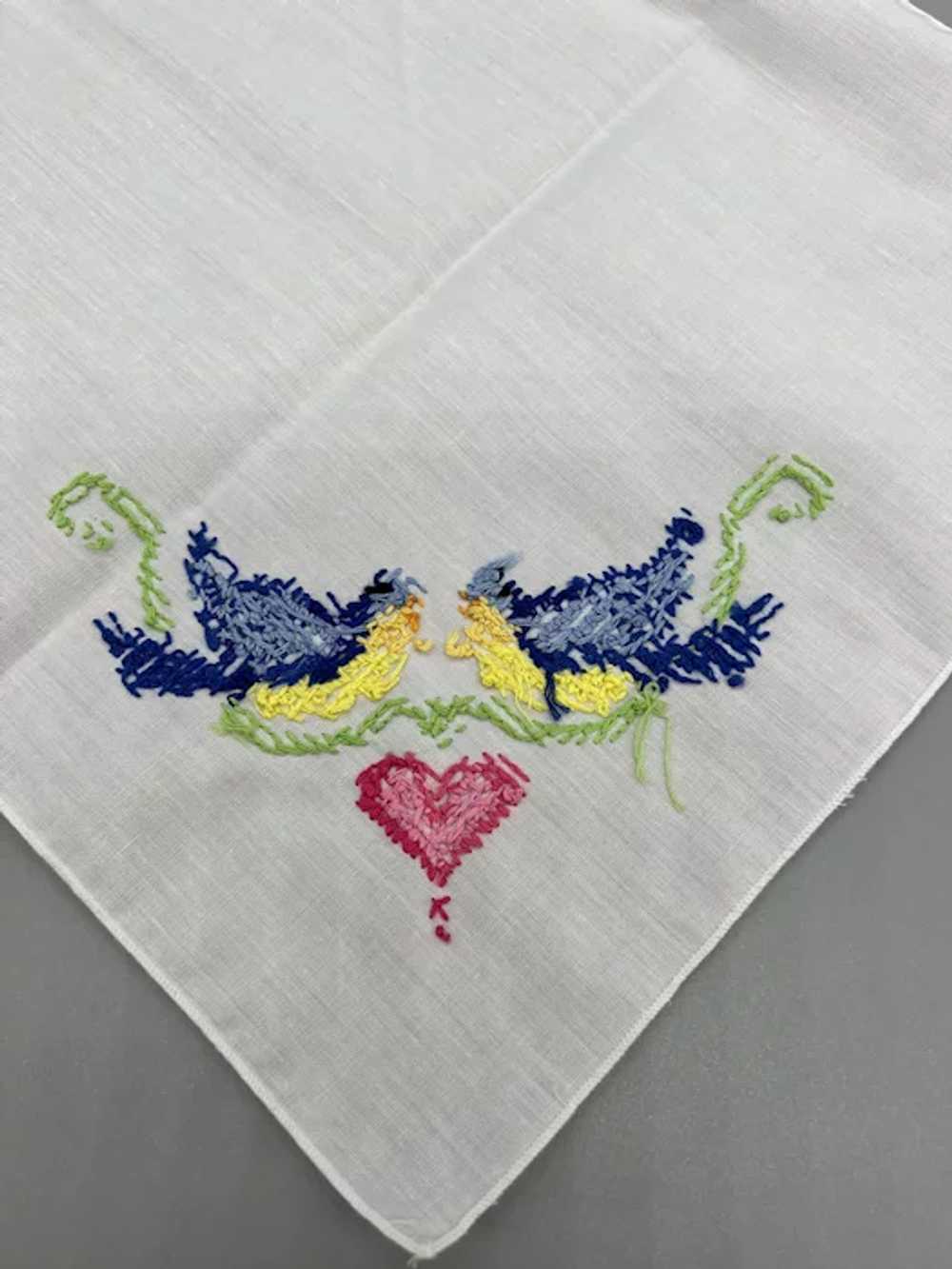 Vintage Hand Embroidered Love Birds And Heart Cot… - image 2