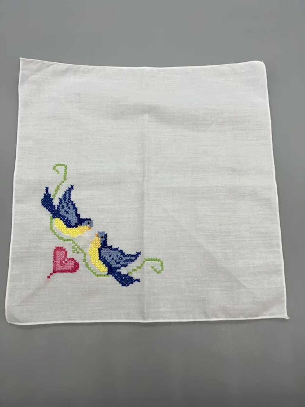 Vintage Hand Embroidered Love Birds And Heart Cot… - image 3