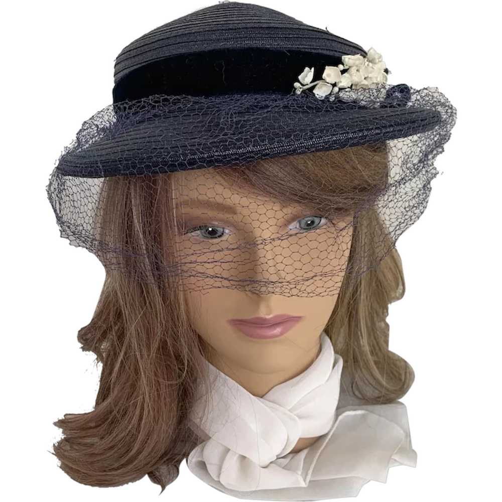 Navy Blue Veiled Brimmed Hat with Lily of the Val… - image 1