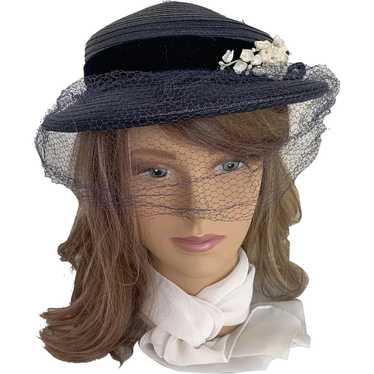 Navy Blue Veiled Brimmed Hat with Lily of the Val… - image 1