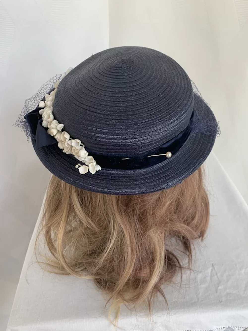 Navy Blue Veiled Brimmed Hat with Lily of the Val… - image 4