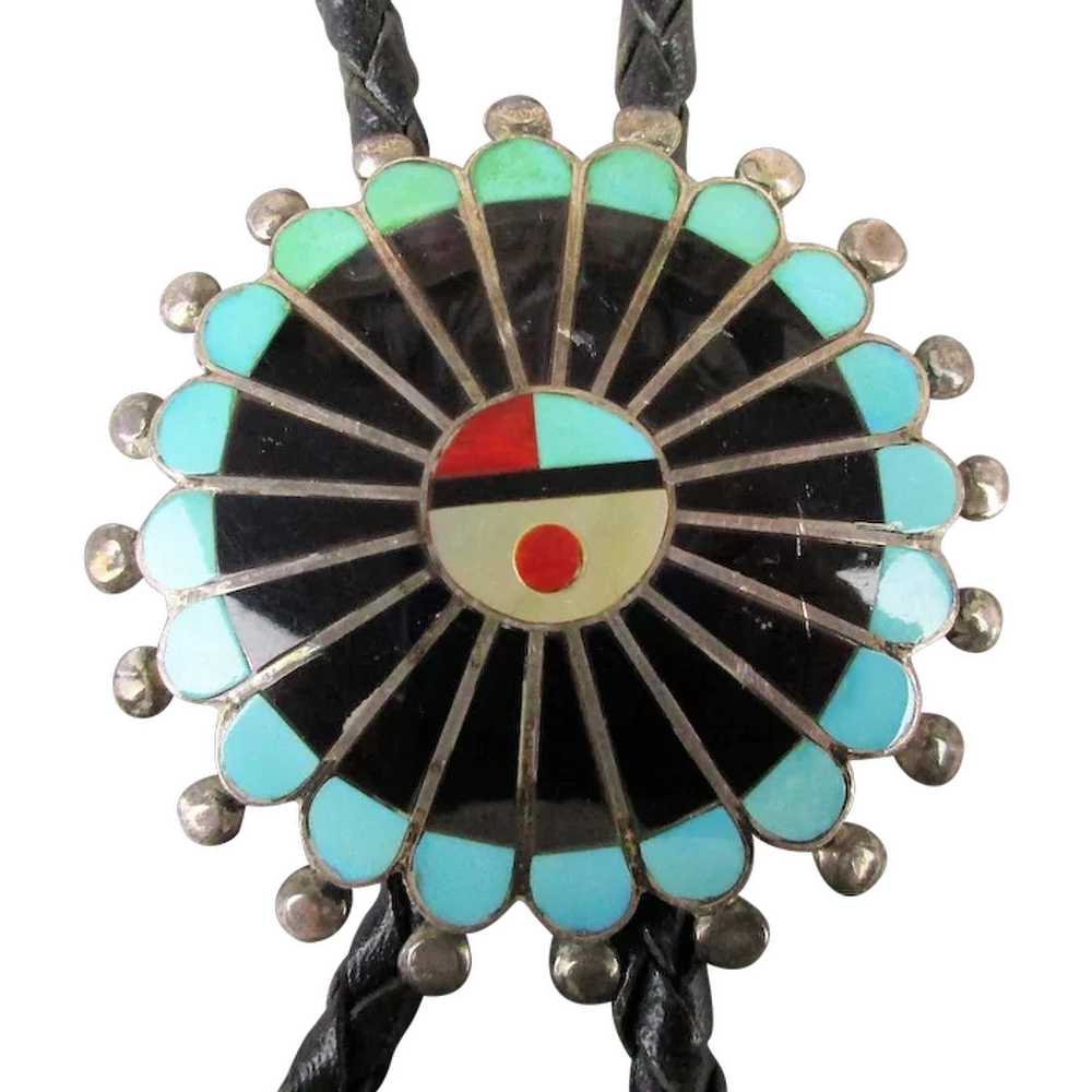 Signed Zuni Chief Head Bolo Inlay Gemstones Sterl… - image 1