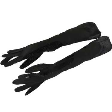 Vintage Long Black Gloves Suede Sequins - image 1
