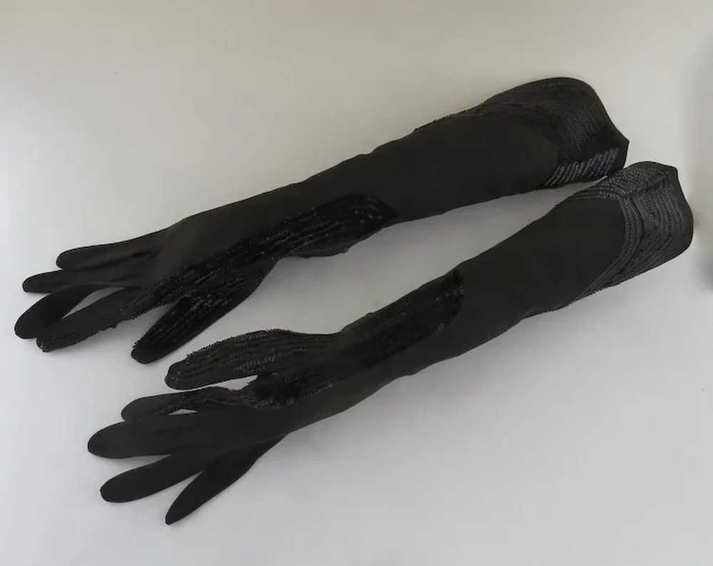 Vintage Long Black Gloves Suede Sequins - image 4