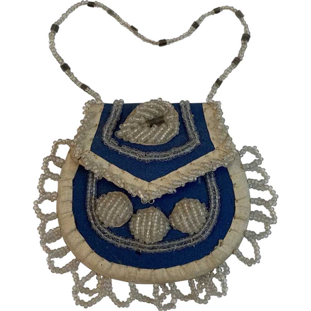 Beaded Cloth Purse Blue and White with Clear Beads - image 1