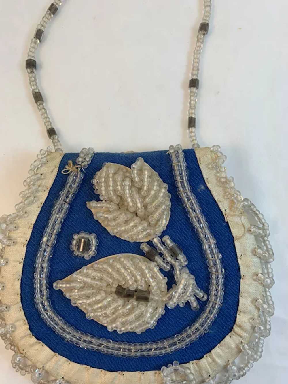 Beaded Cloth Purse Blue and White with Clear Beads - image 8