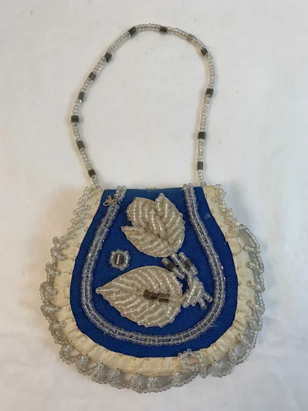 Beaded Cloth Purse Blue and White with Clear Beads - image 9