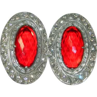 AMAZING Cherry Red Faceted & Paste Stone Art Deco… - image 1