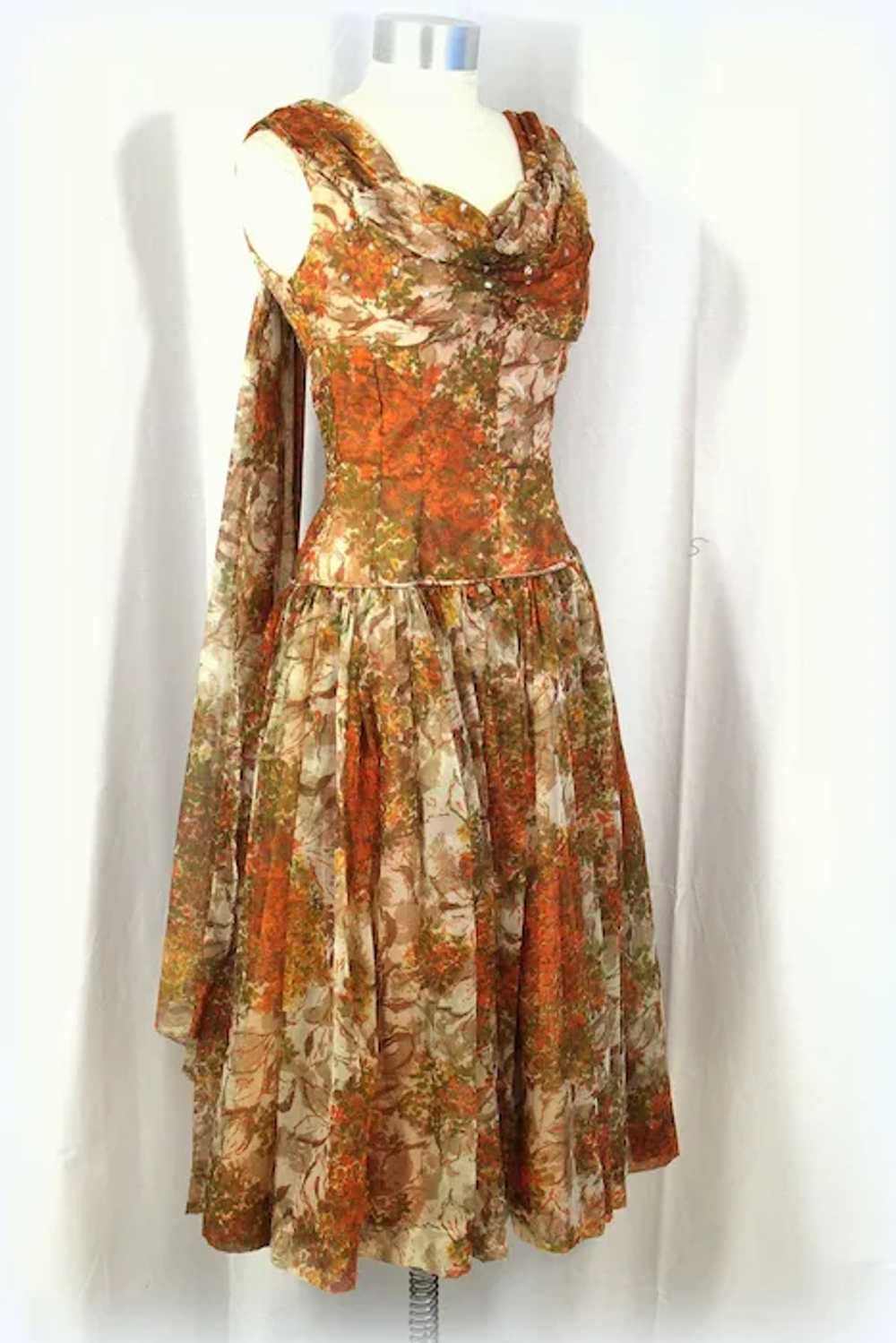 Vintage 1950s Floral Chiffon Garden Party Dress w… - image 8