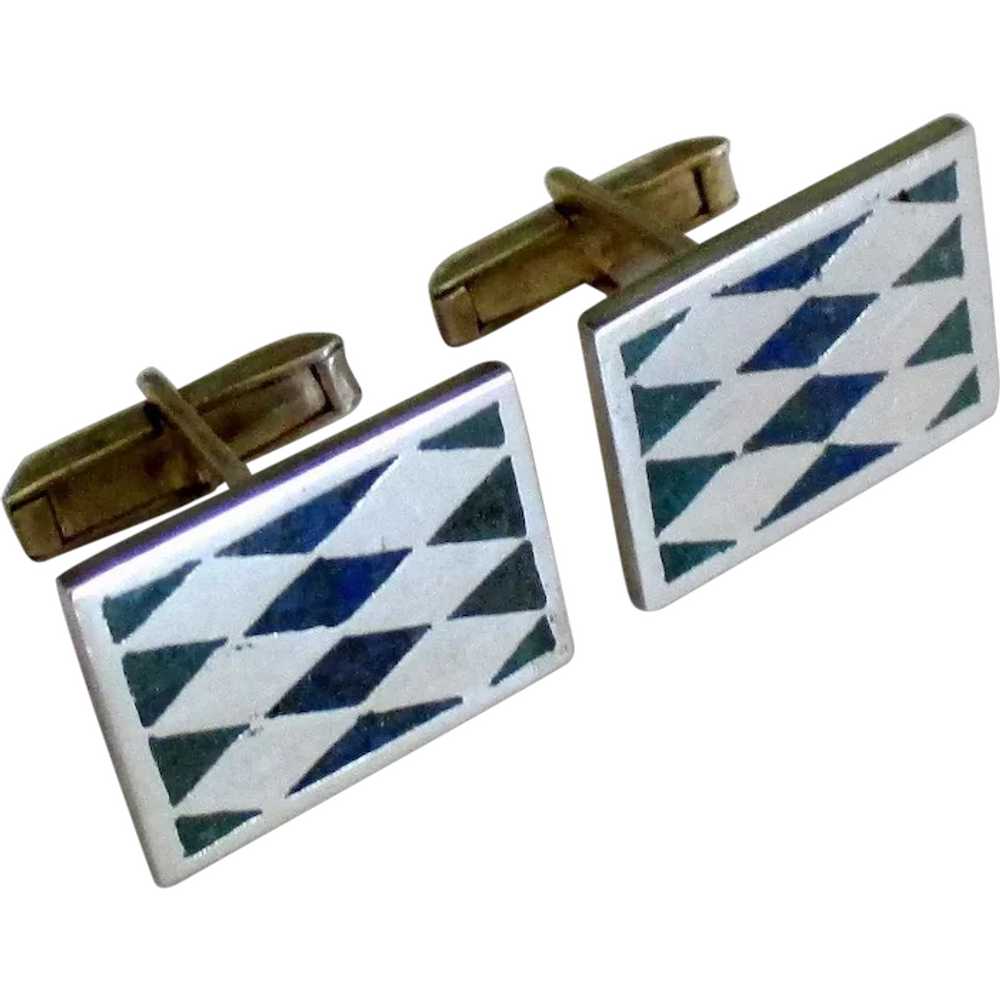 Vintage Signed Taxco Sterling Inlaid Cufflinks - image 1