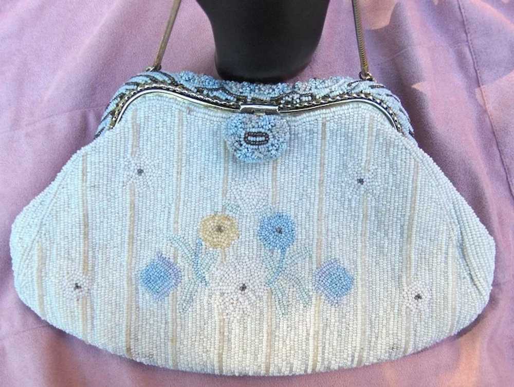 White and Blue Seed Pearl Evening Bag - image 1