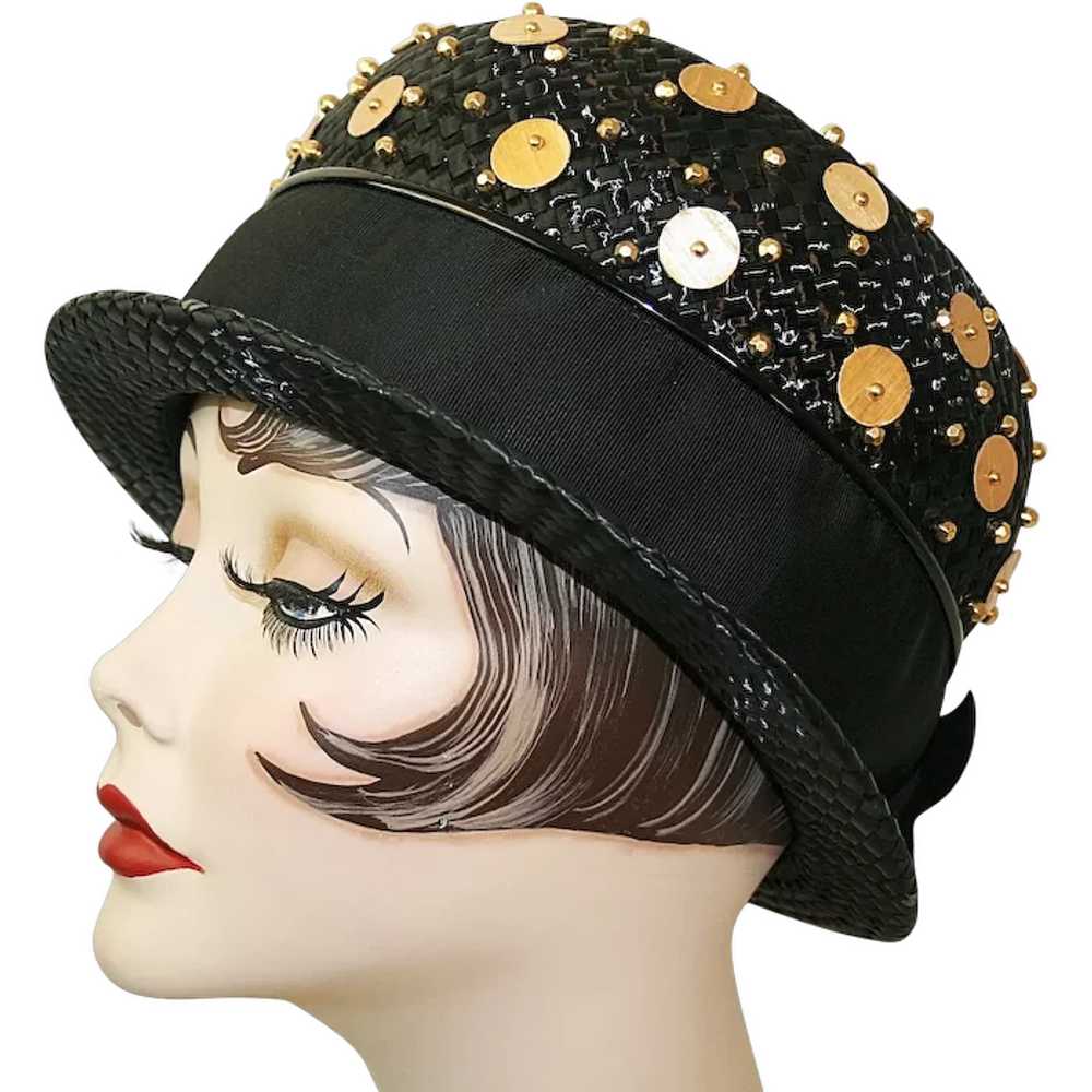 Vintage Black Straw Derby Hat With Goldtone Beads - image 1