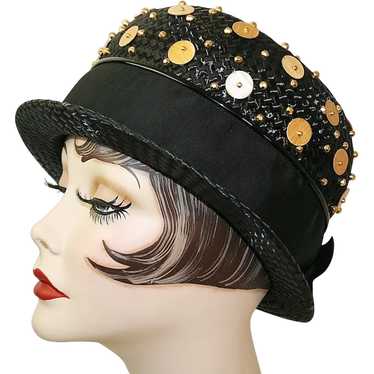 Vintage Black Straw Derby Hat With Goldtone Beads - image 1