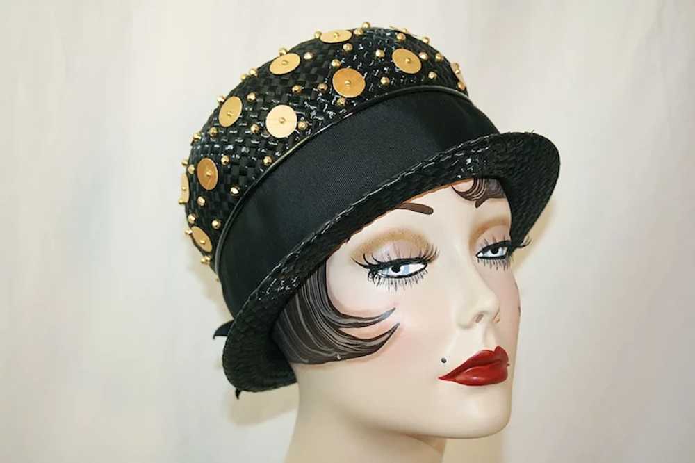 Vintage Black Straw Derby Hat With Goldtone Beads - image 2