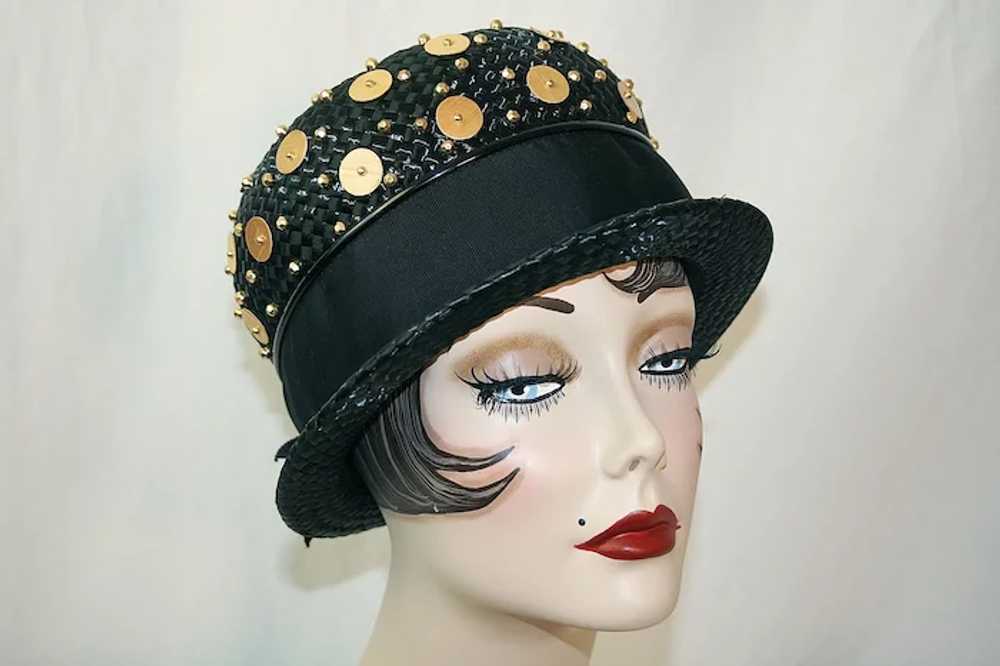 Vintage Black Straw Derby Hat With Goldtone Beads - image 3