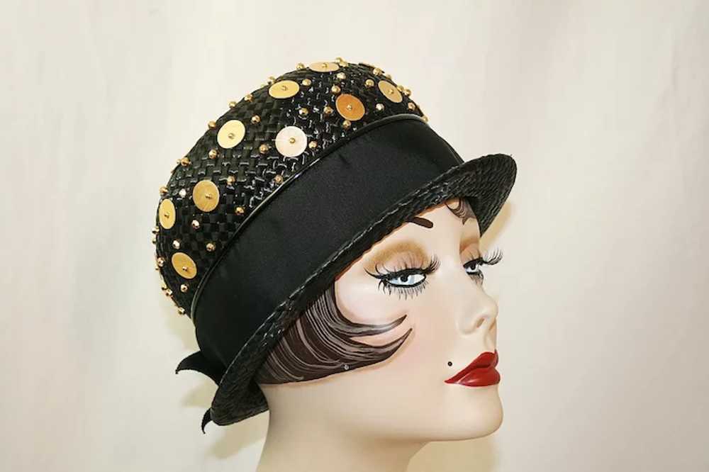Vintage Black Straw Derby Hat With Goldtone Beads - image 4