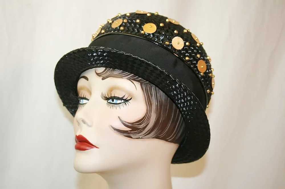 Vintage Black Straw Derby Hat With Goldtone Beads - image 5