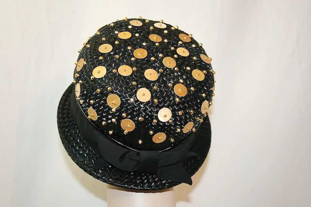 Vintage Black Straw Derby Hat With Goldtone Beads - image 6