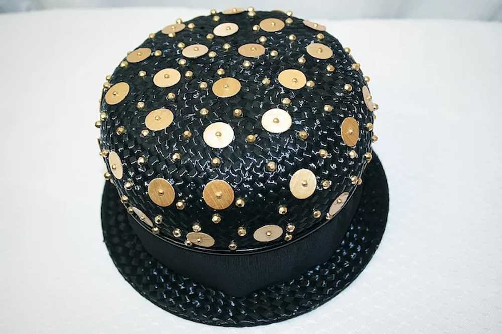 Vintage Black Straw Derby Hat With Goldtone Beads - image 7