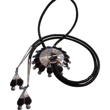 Zuni Sterling Inlay Sunface Bolo Tie - image 1