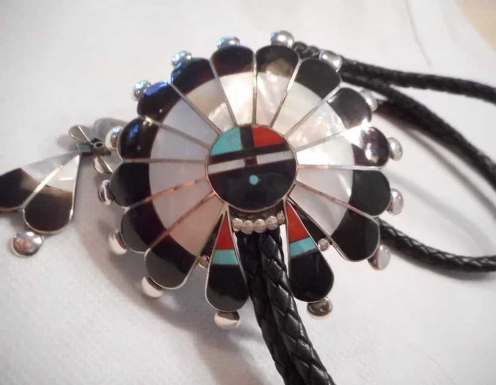 Zuni Sterling Inlay Sunface Bolo Tie - image 2