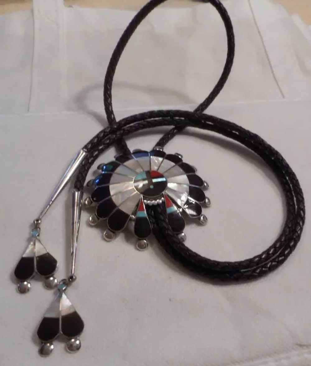 Zuni Sterling Inlay Sunface Bolo Tie - image 7