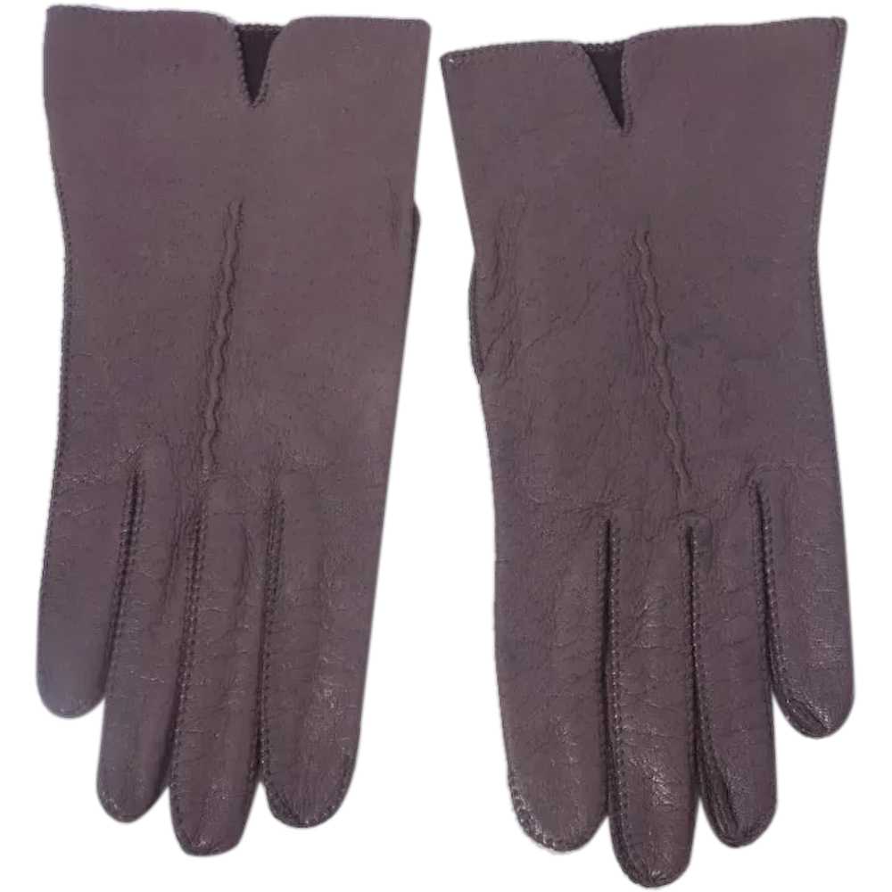 Genuine Deerskin Ladies Gloves Brown Leather 1990s - image 1