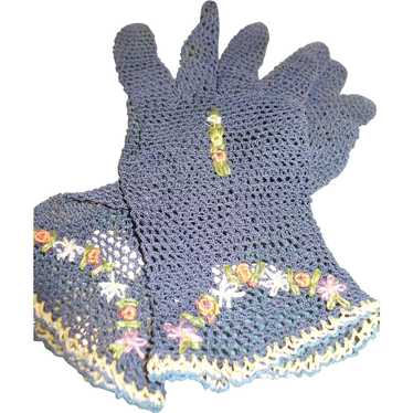 Navy Crochet Flower Gloves