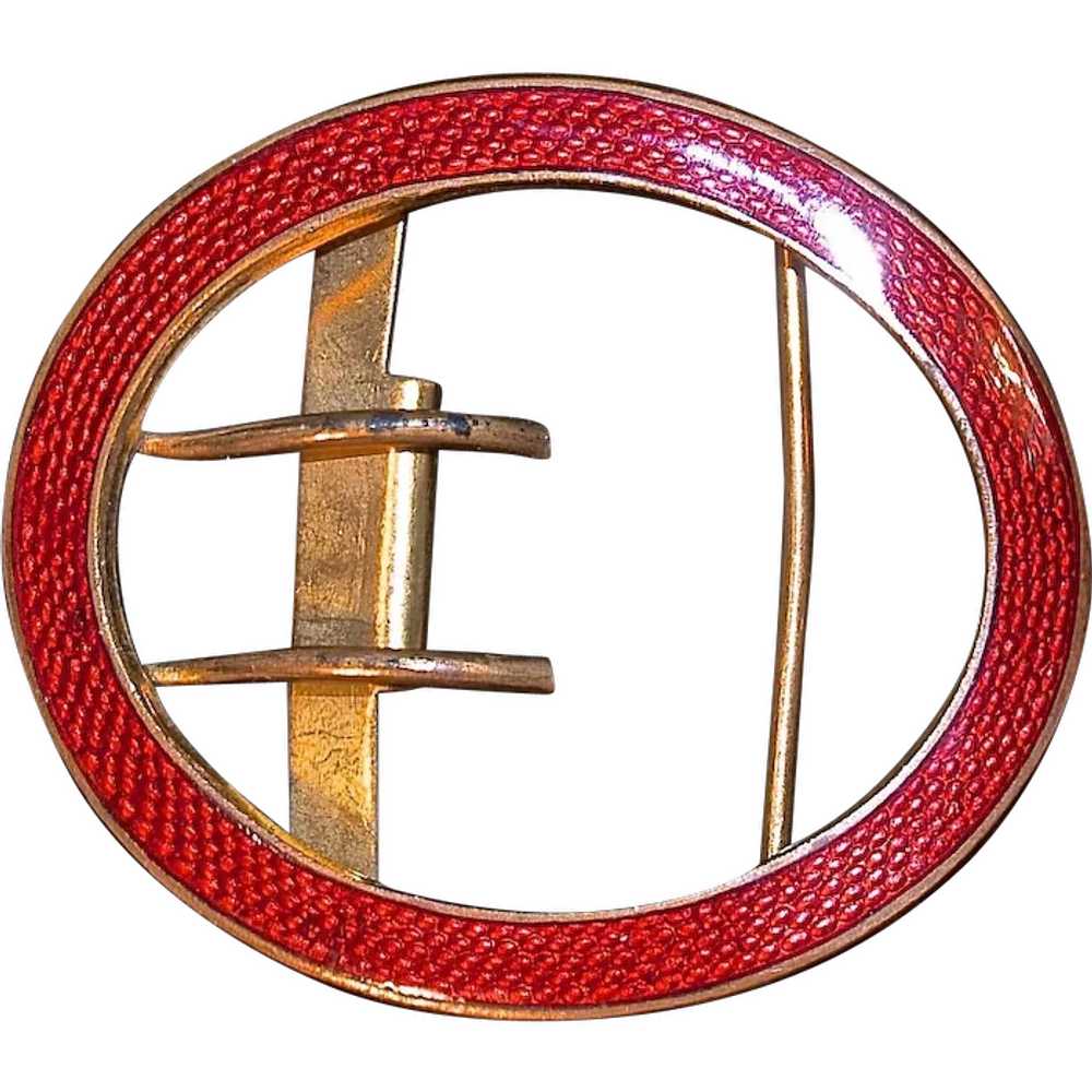 Red Guilloche Enamel Belt Buckle - Gold Gilt Metal - image 1
