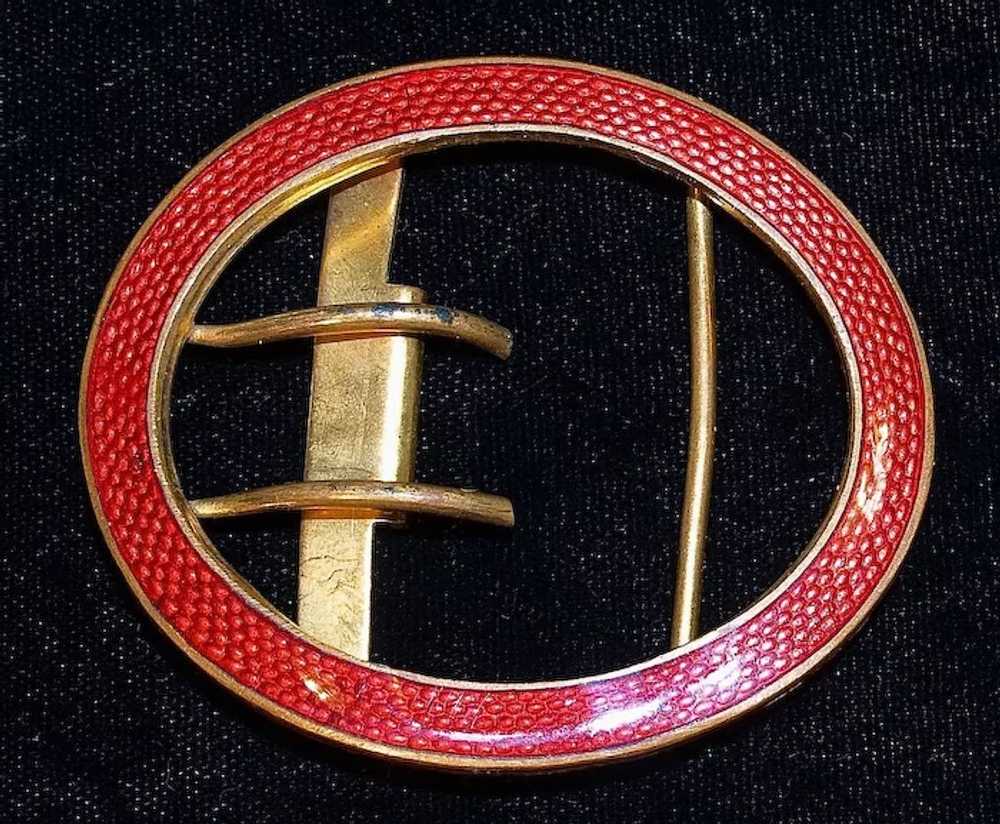 Red Guilloche Enamel Belt Buckle - Gold Gilt Metal - image 2