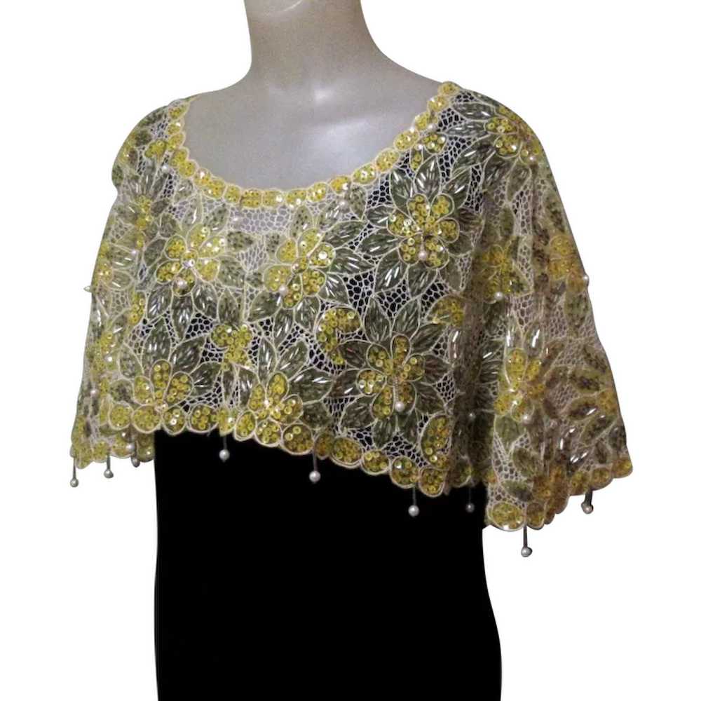 Vintage Beaded Lace Cape, Sequinned, 60's Deco Re… - image 2
