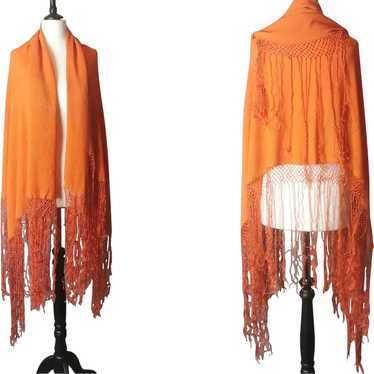 Vintage 30s French shawl, burnt orange crepe - image 1