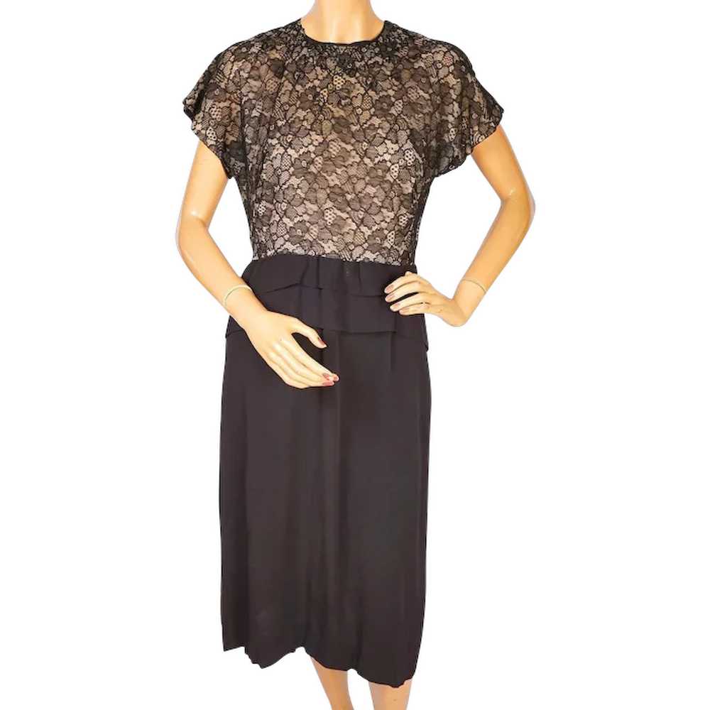 Vintage 1940s Dress Black Lace and Crepe by Fashi… - image 1