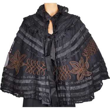 Antique Victorian Mourning Cape Black Silk on Net… - image 1