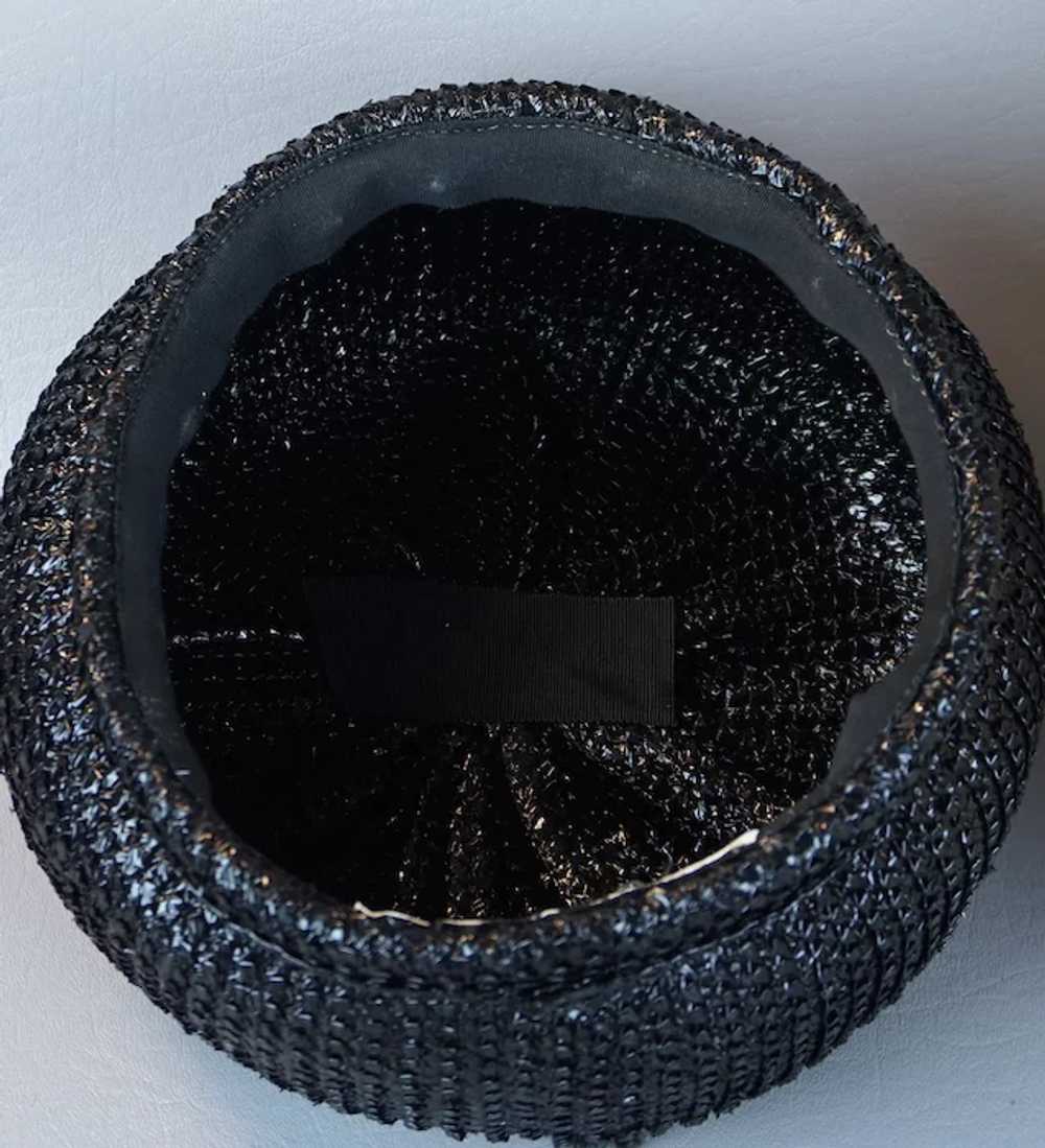 60s Black Straw Bubble Crown Pillbox Hat - image 10