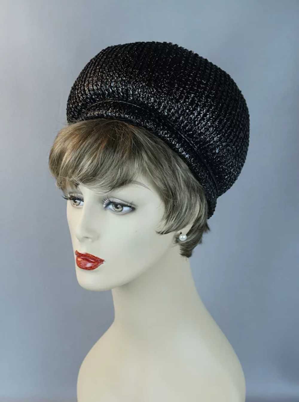 60s Black Straw Bubble Crown Pillbox Hat - image 12