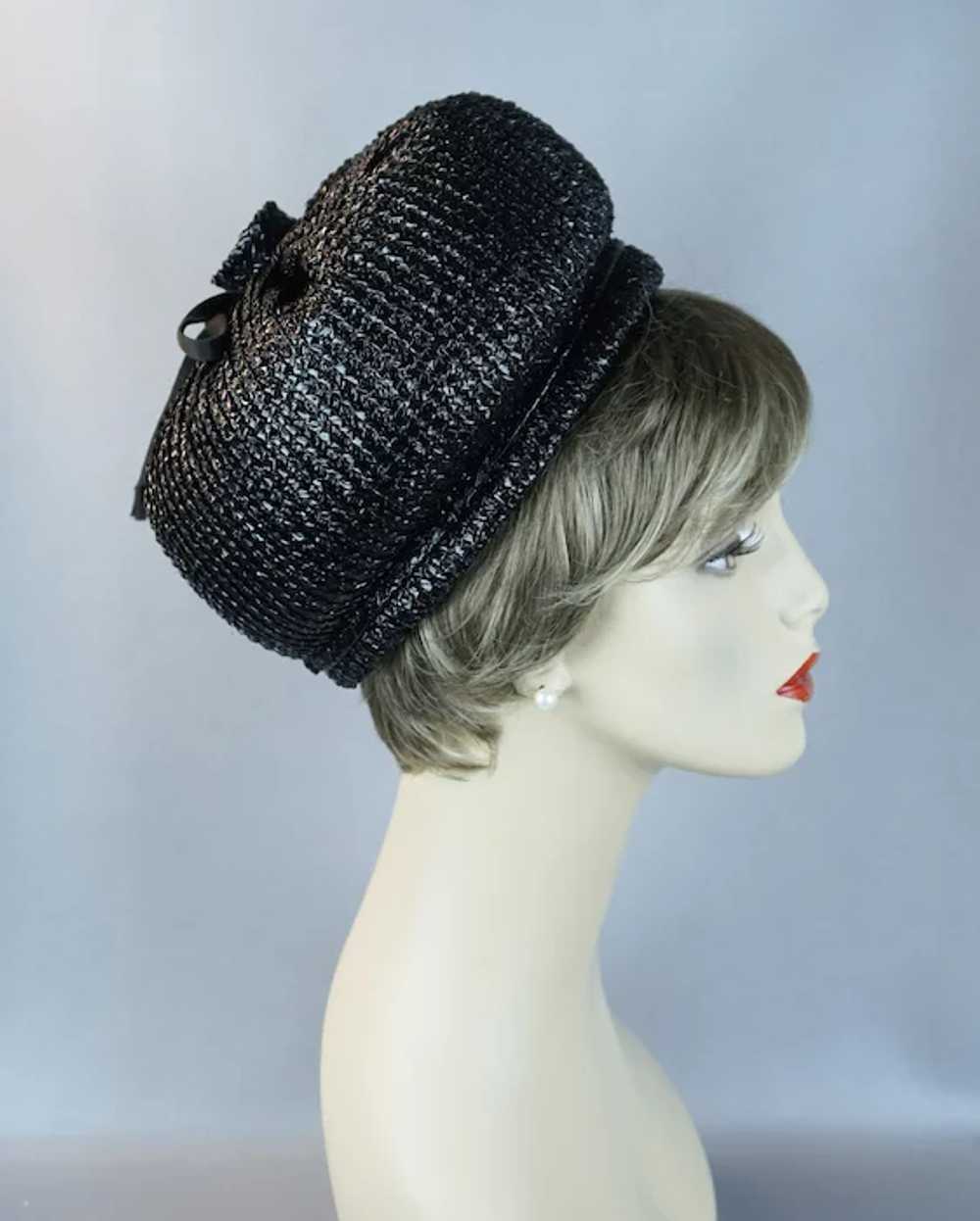60s Black Straw Bubble Crown Pillbox Hat - image 4