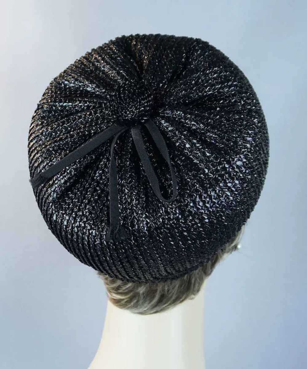 60s Black Straw Bubble Crown Pillbox Hat - image 6