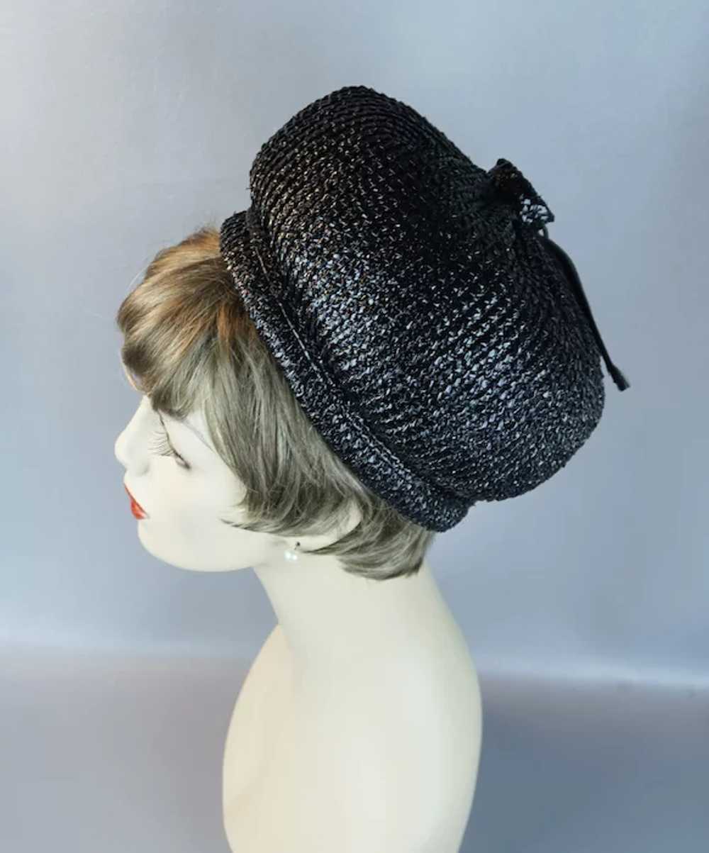 60s Black Straw Bubble Crown Pillbox Hat - image 8