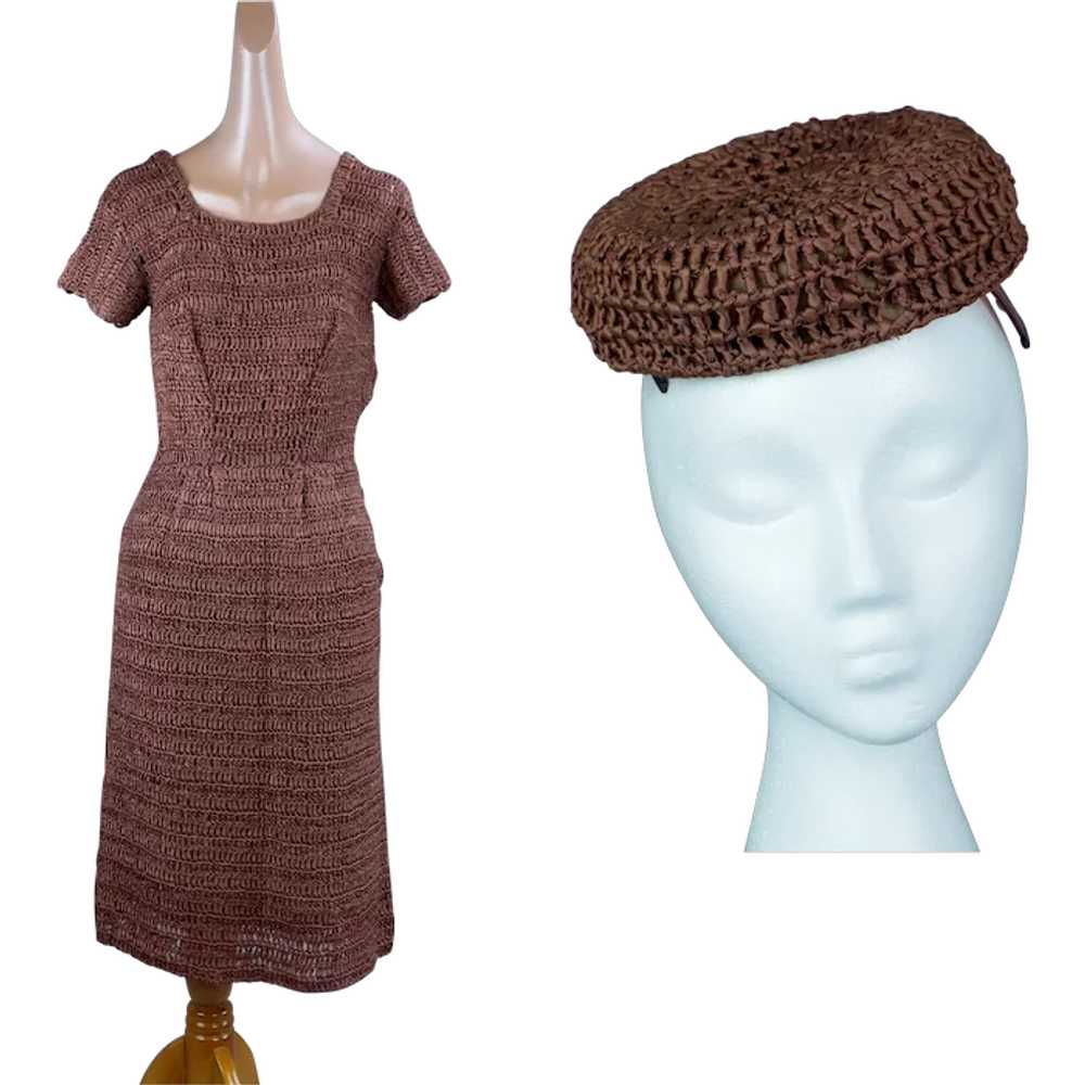 30s - 40s Brown Ribbon Dress with Matching Hat - image 1