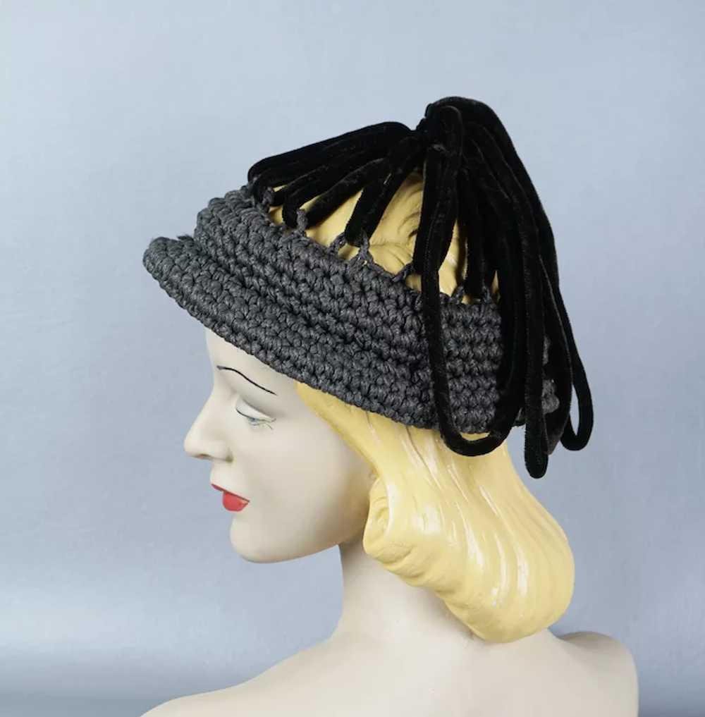 1940s Grey Crochet Cap with Brown Velvet Loops by… - image 5